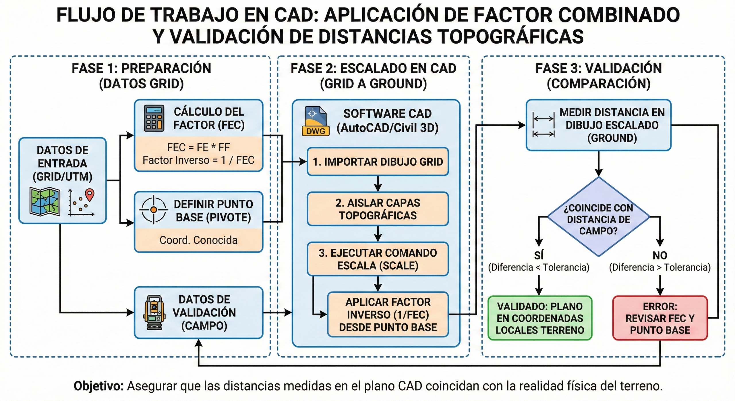 Qué es el factor combinado en topografía (FC/FCE) y por qué importa 4 flujo de trabajo en CAD para aplicar factor combinado y validar distancias en topografía