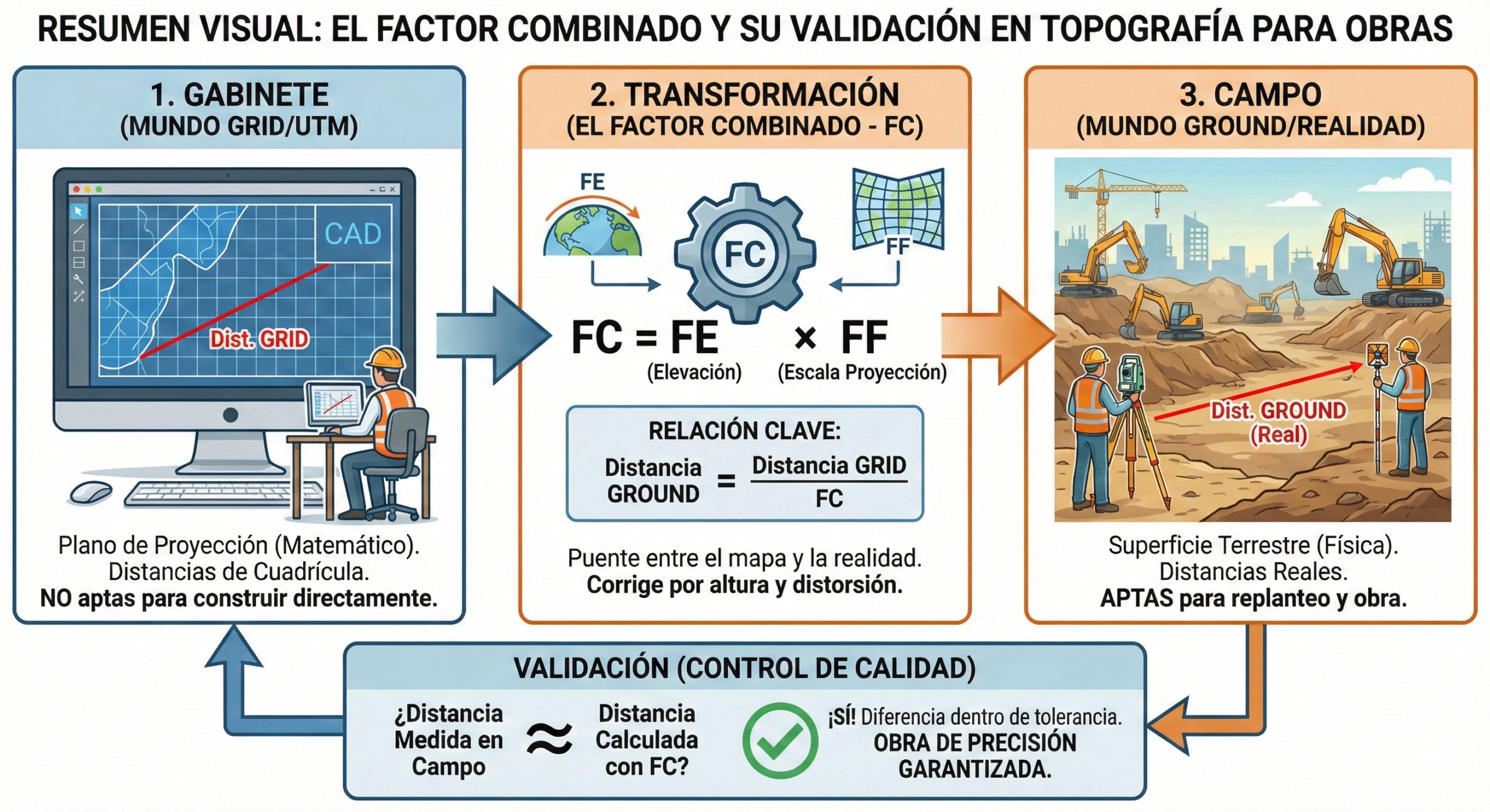 Qué es el factor combinado en topografía (FC/FCE) y por qué importa 3 ejemplo visual de validación del factor combinado con una línea base en obra