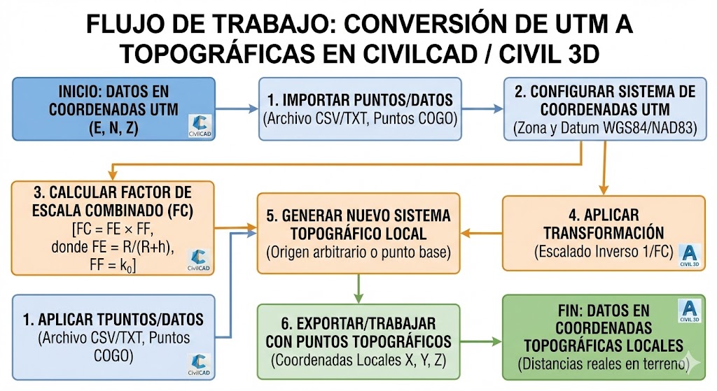 Errores comunes al convertir UTM a topográficas: fallos críticos y cómo evitarlos 3 flujo de trabajo UTM a topográficas en CivilCAD o Civil 3D