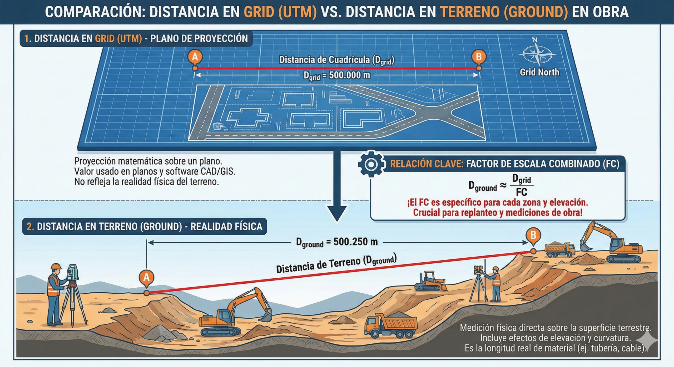 Cómo elegir el factor de escala correcto en topografía (guía rápida) 1 comparación entre distancia en grid UTM y distancia en terreno en obra