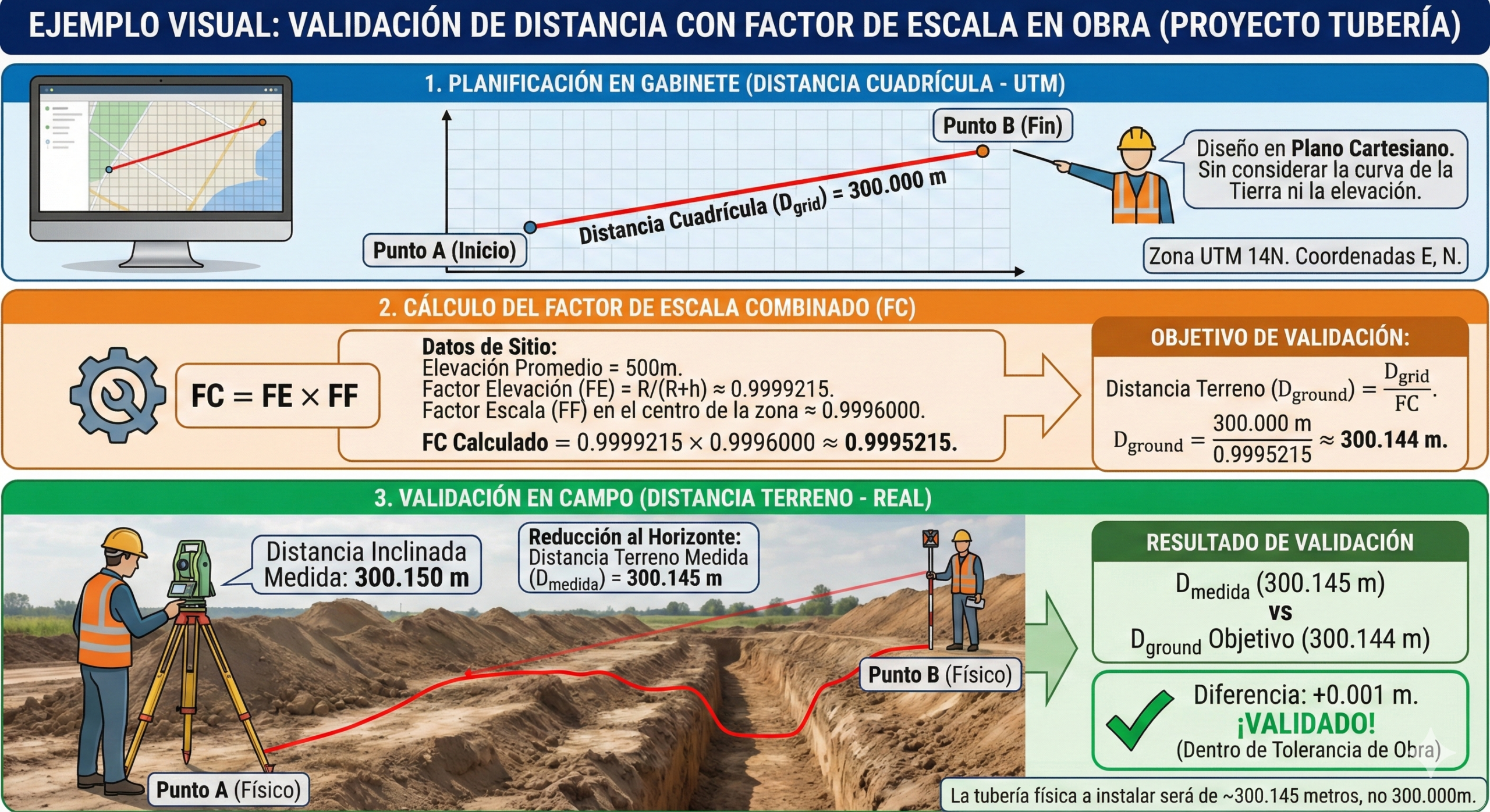 Cómo elegir el factor de escala correcto en topografía (guía rápida) 3 validación de distancia con factor de escala en campo topográfico