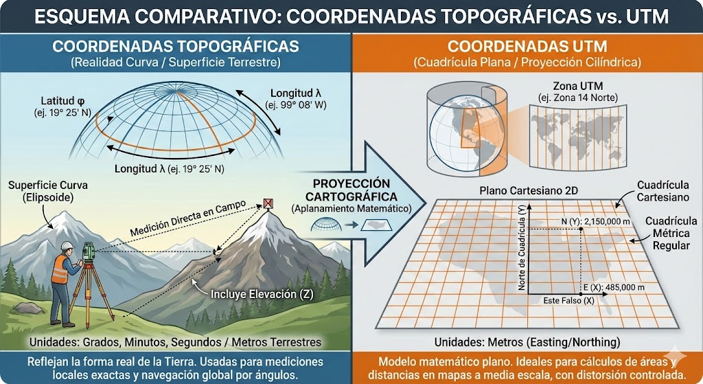 Errores comunes al convertir UTM a topográficas: fallos críticos y cómo evitarlos 1 esquema comparativo entre coordenadas UTM y coordenadas topográficas
